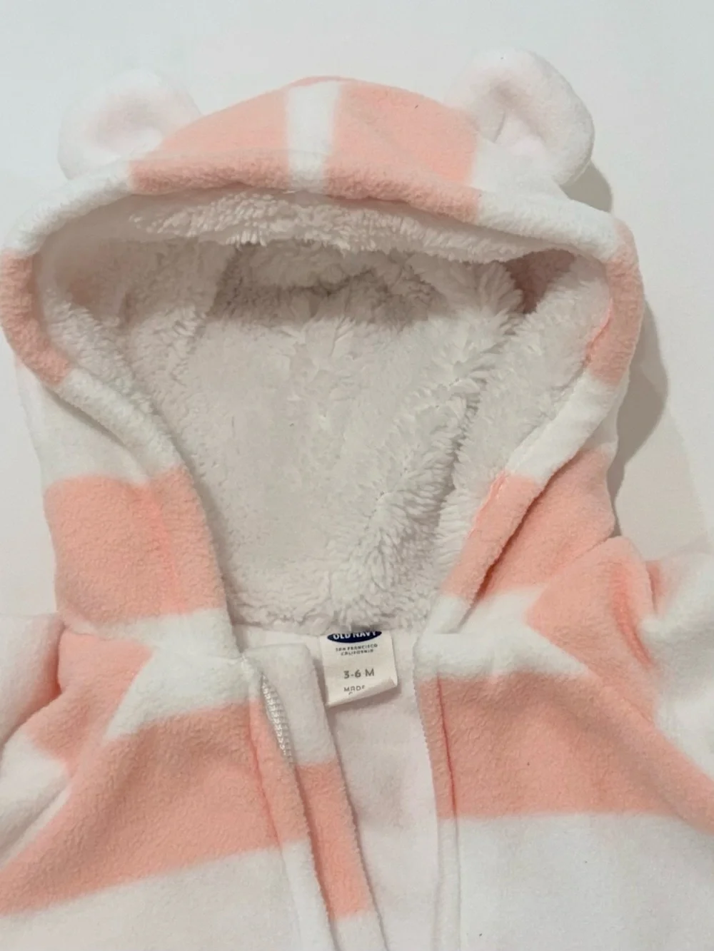 Baby Fleece Hooded Winter One-Piece - Pink & White Striped